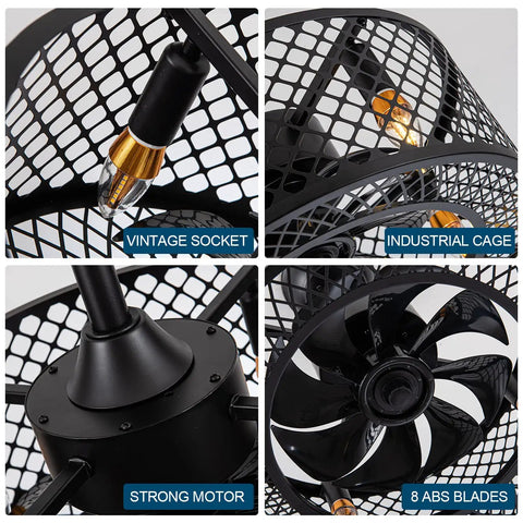 Dope Caged Ceiling Fan With Lights Remote Control, Industrial Enclosed Blades, Reversible Motor, 3 Speeds, 18 Inch Black Fixture For Living Room, Bedroom, Kitchen Island, Dining Room