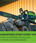 82V 18 Inch Brushless Cordless Chainsaw with 2.7kW Power on log pile, showing battery and handle