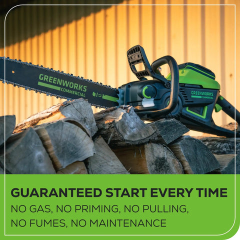 82V 18 Inch Brushless Cordless Chainsaw with 2.7kW Power on log pile, showing battery and handle