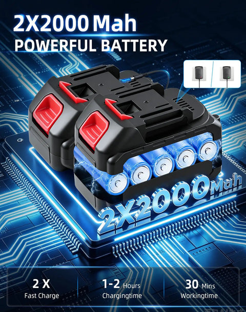 Cordless Portable Handheld Power Washer With Copper Motor Pushes Killer Water Pressure And Eliminates Extension Cords For Rapid Car Washing Fences Or Outdoor Cleaning Tasks with two 2000mAh batteries on a tech backdrop.