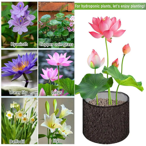Illustration of 4 Pack Foldable Pond Plant Bags For Hyacinths And Lilies with flowering aquatic plants