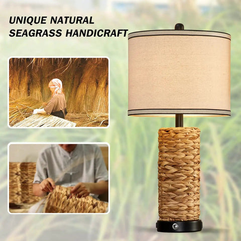 Set Of 2 Rattan Table Lamps With Dimmable Touch Controls, Wicker Seagrass Finish, Bulbs Included, Dual USB Ports And Built In AC Outlet, Perfect For Nightstand Or End Table In Bedroom Or Living Room, Coastal Vibe
