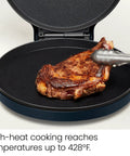 All In One Kitchen Powerhouse Everything Maker And Pizza Oven On Countertop with steak on 12 inch nonstick plate