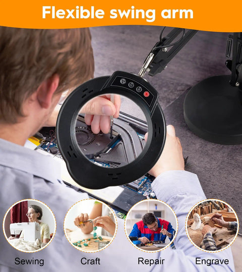 Person using 10X Magnifying Glass With Light And Stand for electronics repair, hands-free close work with flexible swing arm.