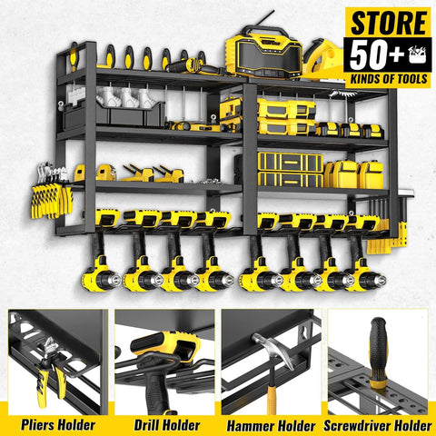 Power Tool Organizer Wall Mount Four Layer Heavy Duty Metal Storage Rack With Eight Drill Holders in garage workshop.
