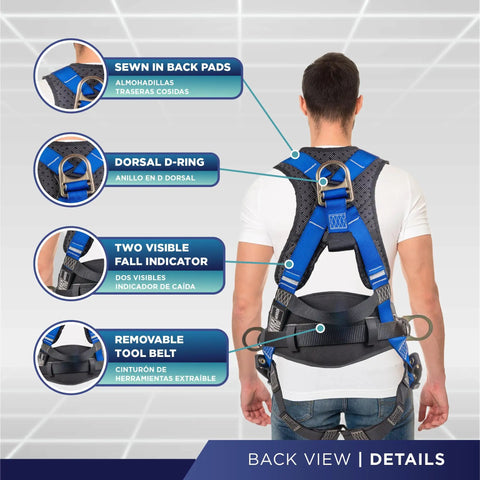 Full Body 5 Point Fall Protection Harness With Padded Back Support Pro Grade Quick Connect Buckles Grommet Leg Straps Back And Side D Rings Blue XLG OSHA ANSI Roofing PPE For Industrial Worksite