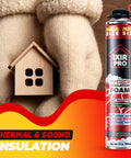 Supercharged Expanding Foam Insulation And Premium Gap Sealant Spray 30 Oz Cans 12 Pack held beside small wooden house