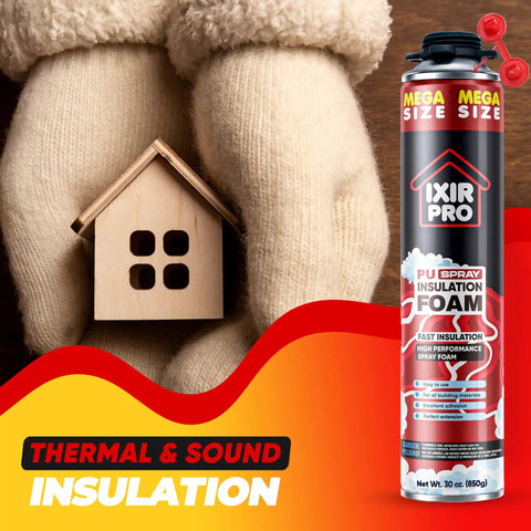 Supercharged Expanding Foam Insulation And Premium Gap Sealant Spray 30 Oz Cans 12 Pack held beside small wooden house