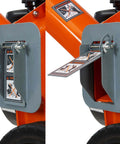 Close-up of 2 In 1 Wood Chipper And Shredder YW6065 with all-steel construction showing the safety warning label and discharge chute.