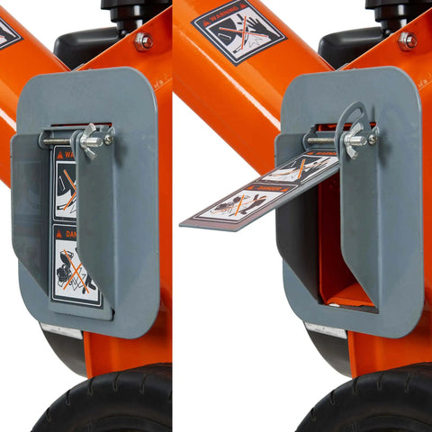 Close-up of 2 In 1 Wood Chipper And Shredder YW6065 with all-steel construction showing the safety warning label and discharge chute.
