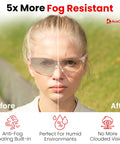 Pink Clear Safety Glasses For Women With Anti Fog And Scratch Resistant Lenses ANSI Z87 Shield showing before and after fog resistance.