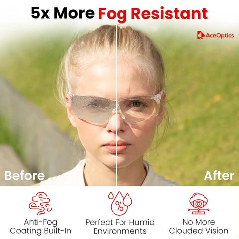 Pink Clear Safety Glasses For Women With Anti Fog And Scratch Resistant Lenses ANSI Z87 Shield showing before and after fog resistance.