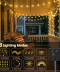 Solar Star String Lights 39Ft Outdoor Waterproof Fairy Lights With 100 LEDs, 8 Modes hanging on a porch at night