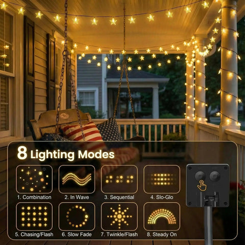 Solar Star String Lights 39Ft Outdoor Waterproof Fairy Lights With 100 LEDs, 8 Modes hanging on a porch at night