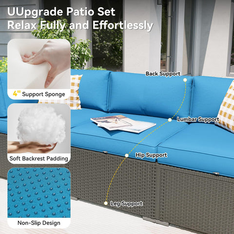 All Weather Wicker Outdoor Furniture Set, 7 Piece Sectional Sofas With Waterproof Cover showing support features, Peacock Blue