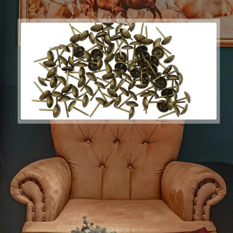 Antique Brass Upholstery Tacks with 3/8 Inch Round Head Dome, High Quality Furniture Nails for Legit Grip and Rock Solid Holds, Straight Shooting Pins for Couch Reupholstering and DIY Crafts Pack of 100 arranged on a light surface.