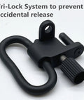 Rock Solid All Metal Sling Swivels 1 Inch Two Point Attachment Clips For Rifle And Shotgun Featuring Silent Tri Lock Quick Release Hardware No Hassle Plug Play Setup Guaranteed Sweet Fit Pack Of 2 showing the tri-lock system to prevent accidental release.