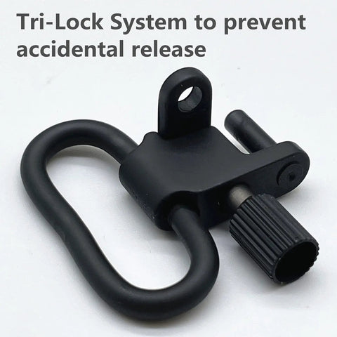 Rock Solid All Metal Sling Swivels 1 Inch Two Point Attachment Clips For Rifle And Shotgun Featuring Silent Tri Lock Quick Release Hardware No Hassle Plug Play Setup Guaranteed Sweet Fit Pack Of 2 showing the tri-lock system to prevent accidental release.