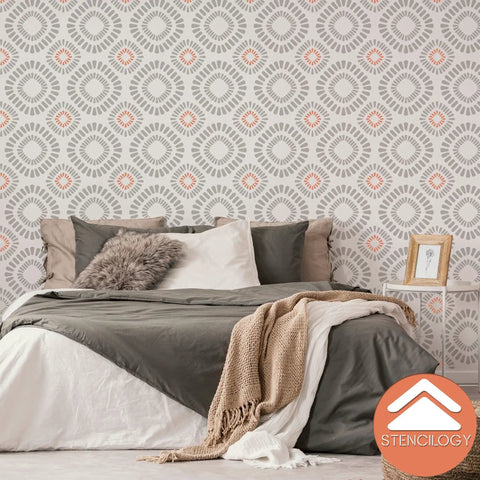Bedroom wall painted with Big Floral Wall Stencil Set 24 By 38 Inches XL Allover Pattern With Free Edging Stencil Two Piece Kit