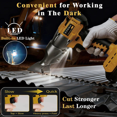 Cordless Brushless Sheet Metal Shear Bare Tool Works With 20V Max Batteries 360 Degree Pivoting Head 14 Gauge Cutting Capacity For Stainless Steel Iron Leather Carpet Multi Material Cutter Tool Only with built-in LED light being used on a corrugated sheet.