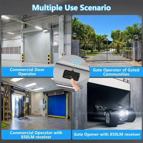 Multiple use scenarios for Gate Remote For 811LMX Compatible With 850LM And 860LM Receiver Security Plus 2.0 shown in commercial settings.