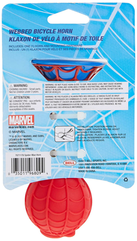 Spider Man Webbed Bike Horn For Kids packaging showing red horn and hero theme, easy install kit included.