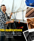 Man securing tarp with grommets using 2 In 1 Grommet Tool Kit With Twist Change Heads 12mm And 10mm Magnetic Punching System.