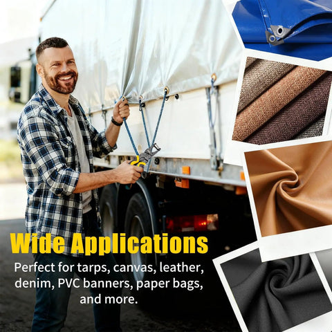 Man securing tarp with grommets using 2 In 1 Grommet Tool Kit With Twist Change Heads 12mm And 10mm Magnetic Punching System.