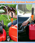 Hassle Free Plug And Play Battery Gas Siphon Pump 2.4 Gpm Electric Fuel Transfer with Long Hose in use for lawn mower and car refueling.