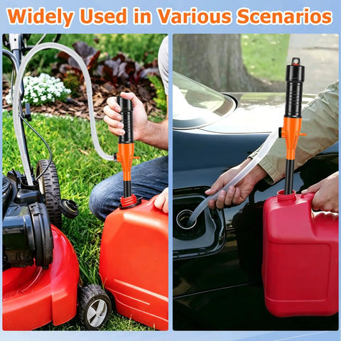 Hassle Free Plug And Play Battery Gas Siphon Pump 2.4 Gpm Electric Fuel Transfer with Long Hose in use for lawn mower and car refueling.