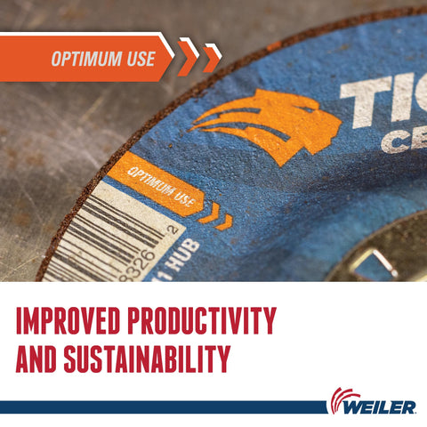 Close-up of a Type 27 Depressed Center Tiger Ceramic Grinding Wheel with focus on logo and text on surface.