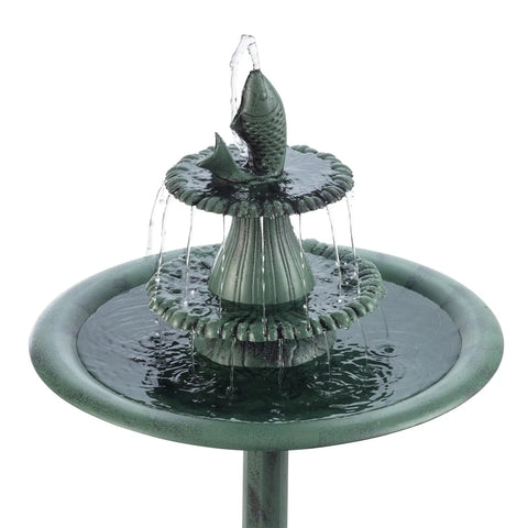 Outdoor 3 Tier Pedestal Water Fountain With Vintage Birdbath Accent In Green, featuring fish design and cascading water effect.