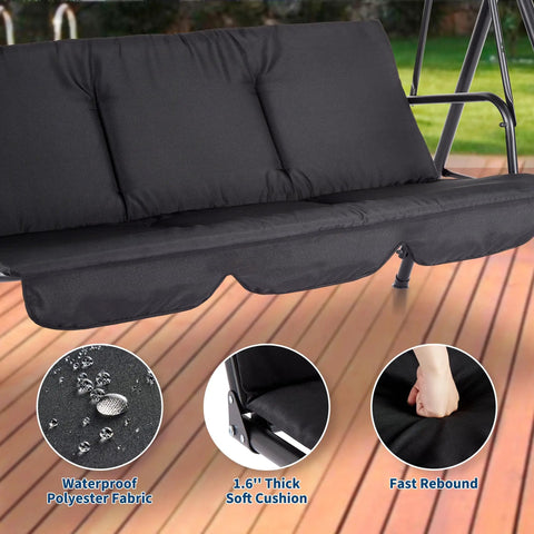 Close-up of Three Seat Outdoor Patio Porch Swing with thick waterproof cushions supported by heavy duty steel frame.
