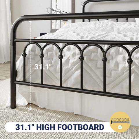 Rock Solid Queen Size Metal Platform Bed Frame With Victorian Scrollwork Headboard, 31.1" high footboard detail.