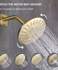 Brushed Gold Shower Trim Kit With Valve Tub And Shower Faucet Set, 5 Spray Shower Head in action, showing water flow settings.