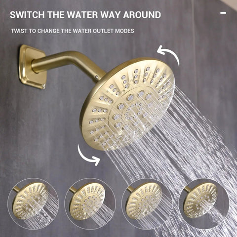 Brushed Gold Shower Trim Kit With Valve Tub And Shower Faucet Set, 5 Spray Shower Head in action, showing water flow settings.