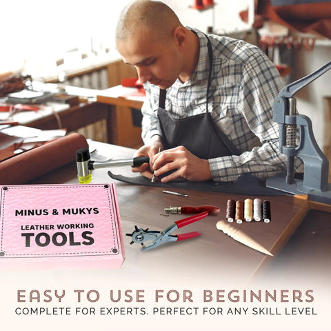 Leather Working Kit All In One Tools Set For Belts Bags Wallets Shoes And Crafts With Hole Puncher Cutting Mat Awl Stitching