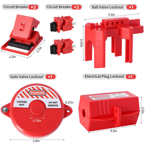 Pro Grade Lockout Tagout Kit with Ball Valve Lockout, Gate Valve Lockout, Electrical Plug Lock, Circuit Breaker Locks, and dimensions