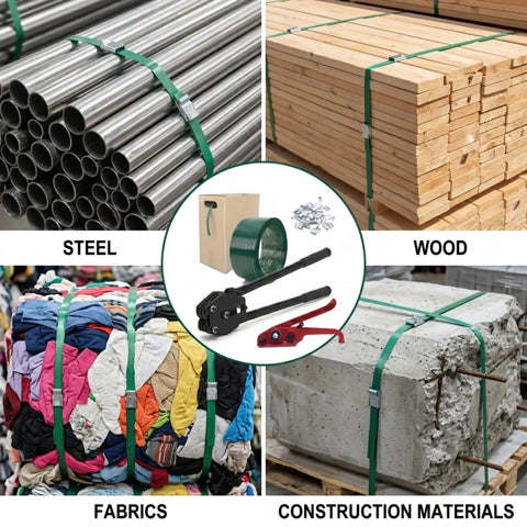 Legit Heavy Duty Poly Banding Strapping Kit With 1000 Ft Pet Strap And Pro Ratchet Tensioner Upgraded Sealing Tool Plus Hundred Steel Seals for securing steel, wood, fabrics, and construction materials.