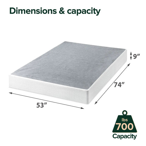 Full Size Heavy Duty Metal Box Spring With No Sweat Setup And Five Year Warranty Durable Mattress Support dimensions 53 by 74 by 9 inches