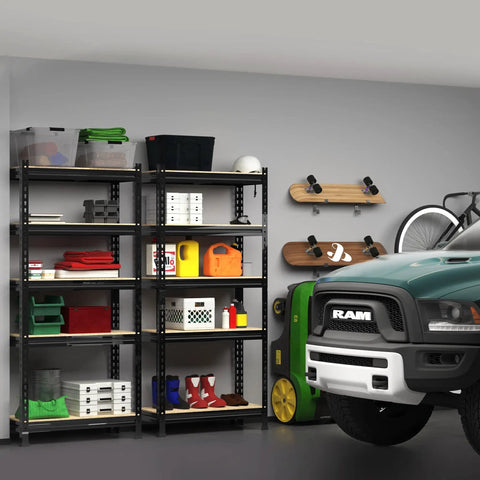 Beefy 5 Tier Adjustable Garage Storage Shelves Rack Heavy Duty Metal Utility Shelf Unit For Warehouse Pantry Closet Kitchen And Basement Black 28 W X 12 D X 59 H with tools and items organized next to a truck in a garage