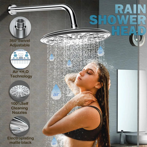 9 Inch Wall Mounted Rain Shower System With 10 Settings High Pressure Shower Head in use, brushed nickel finish