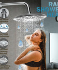 Side view of woman enjoying a rain shower from a wall-mounted head, highlighting its 360° swivel and self-cleaning features.