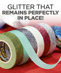 Gold Glitter Washi Tape Pack of 6, decorative assorted colored rolls displayed on a red surface, easy-tear, 0.59 in x 196 in size.
