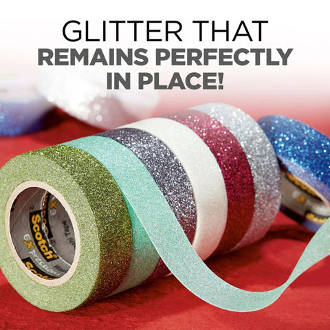 Gold Glitter Washi Tape Pack of 6, decorative assorted colored rolls displayed on a red surface, easy-tear, 0.59 in x 196 in size.