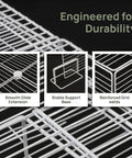Heavy Duty Adjustable Freezer Dividers For Upright Fridge Rock Solid White Wire Partition showing smooth glide extension and stable base.