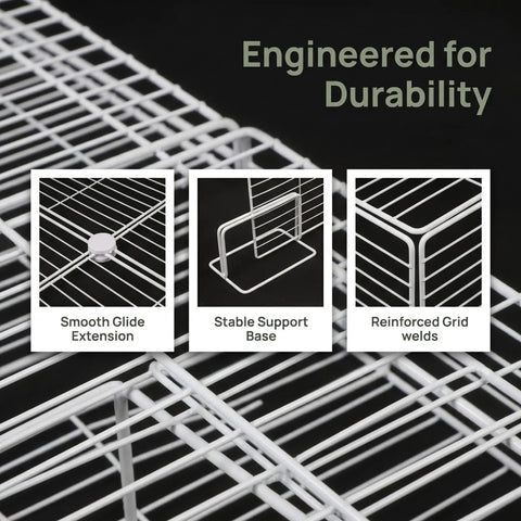 Heavy Duty Adjustable Freezer Dividers For Upright Fridge Rock Solid White Wire Partition showing smooth glide extension and stable base.