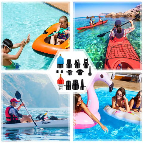 Collage of inflatables and Inflatable Pump Adaptor Kit For SUP And Car Air Compressors With 9 Valve Nozzles, Quick Connect Design