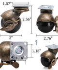 Eight Pack 2 Inch Antique Brass Ball Caster Wheels With Brakes Swivel Casters With Sockets for furniture, shown in dimensions