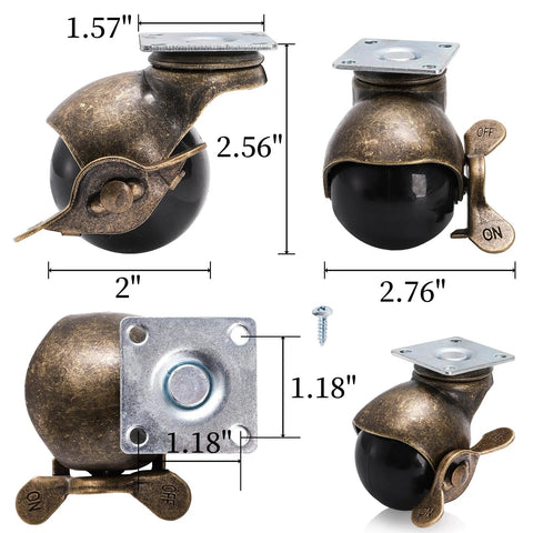 Eight Pack 2 Inch Antique Brass Ball Caster Wheels With Brakes Swivel Casters With Sockets for furniture, shown in dimensions